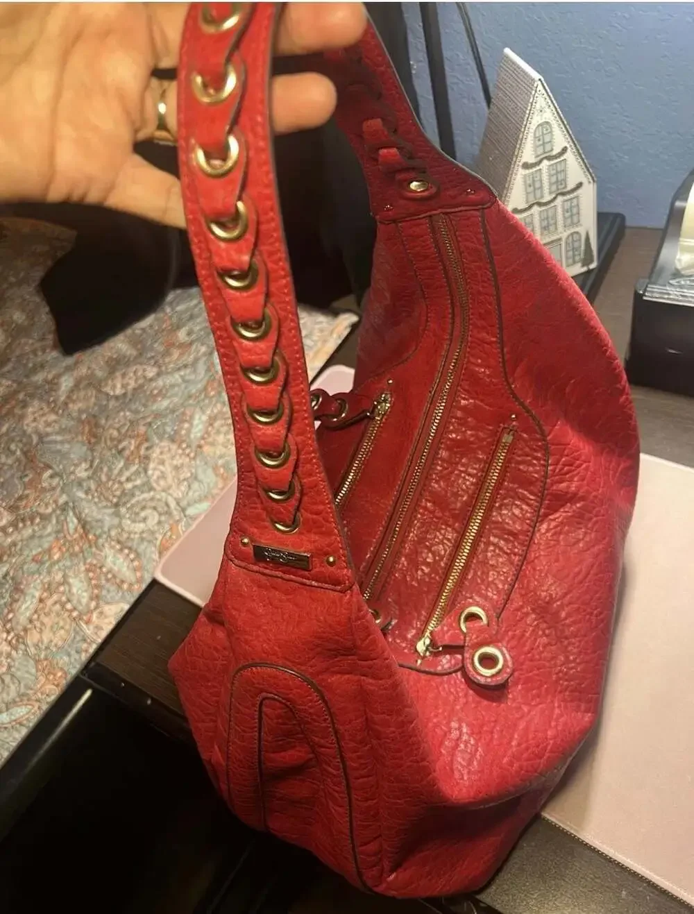 Jessica Simpson Red Textured Leather Hobo Shoulder Bag with Braided Strap